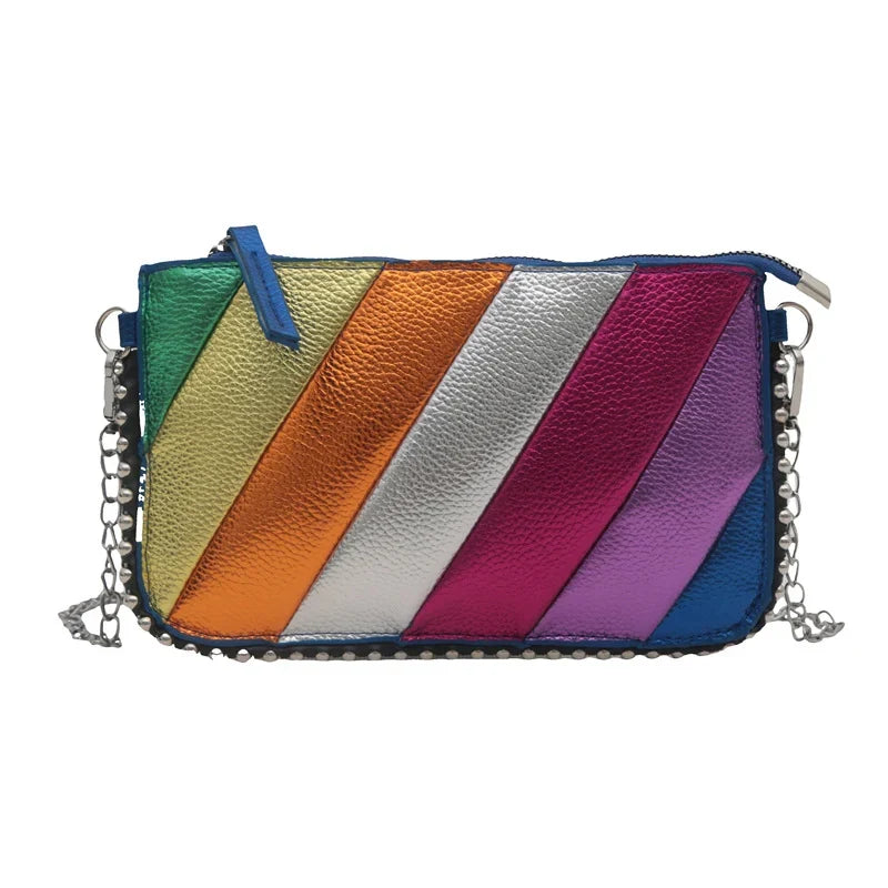 Clutch Bag | Metallic Faux Leather & Colorful Diagonal Stripes