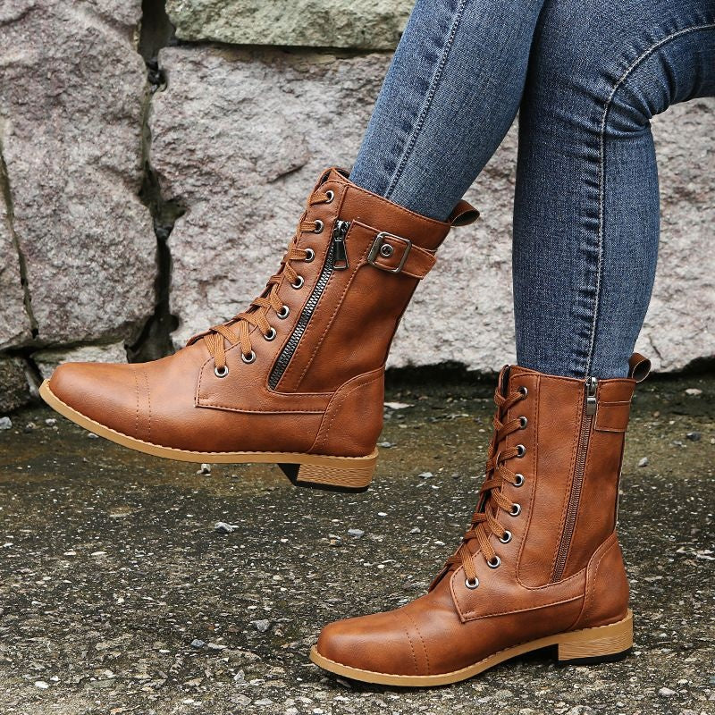 Angela | Women's Flat Combat Boots Lace Up Side Zipper
