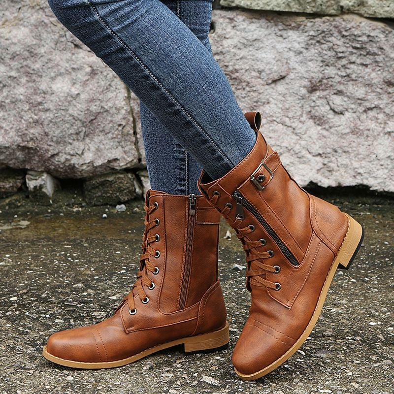 Angela | Women's Flat Combat Boots Lace Up Side Zipper