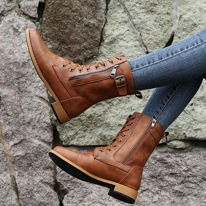 Angela | Women's Flat Combat Boots Lace Up Side Zipper
