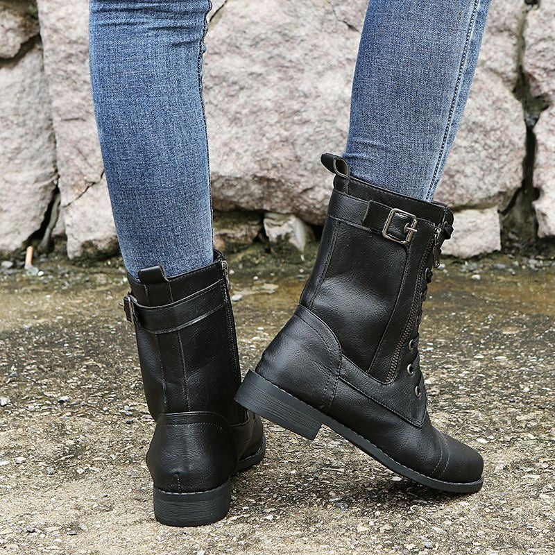 Angela | Women's Flat Combat Boots Lace Up Side Zipper