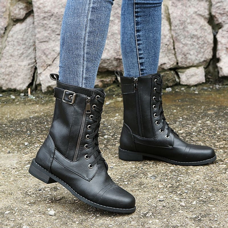 Angela | Women's Flat Combat Boots Lace Up Side Zipper