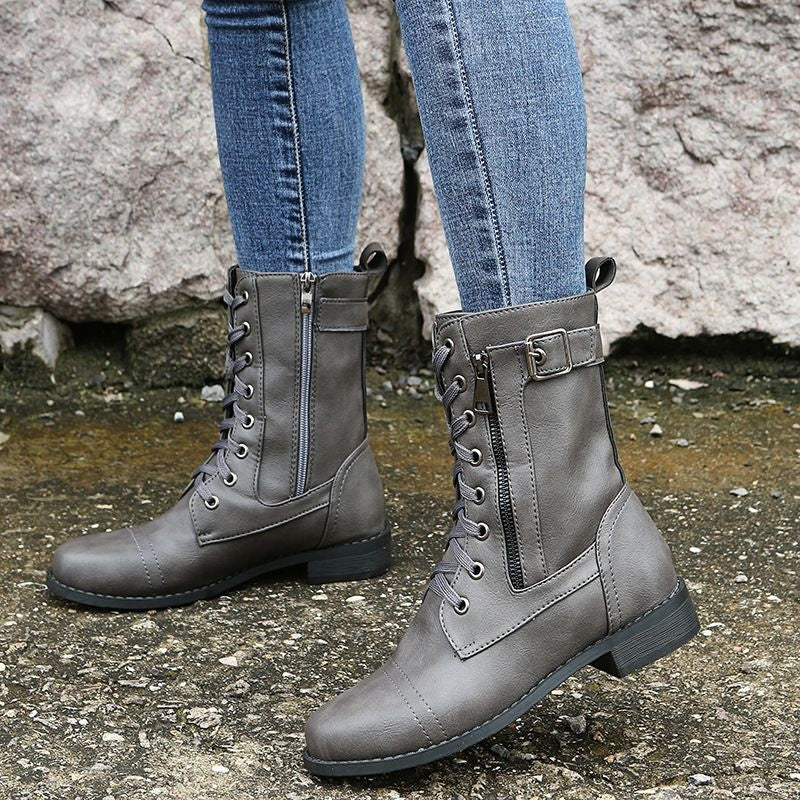 Angela | Women's Flat Combat Boots Lace Up Side Zipper