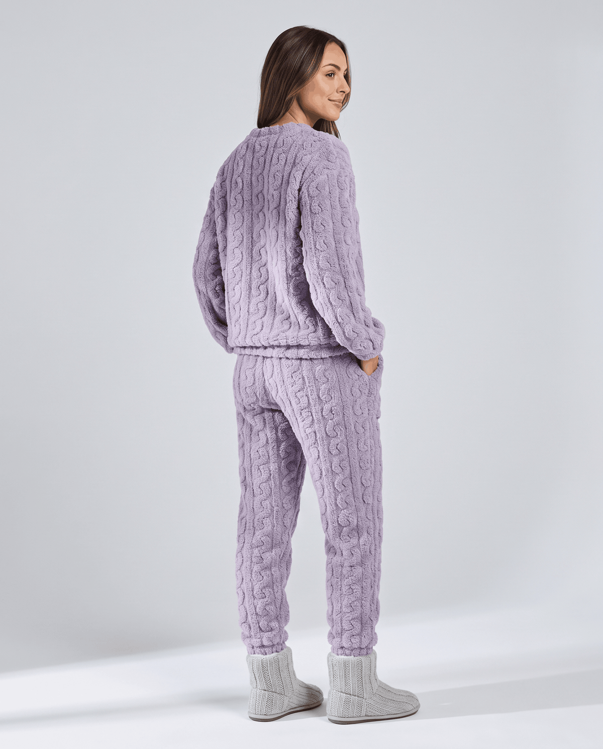 Coral Velvet Pajama Outfit Set – Jacquard Crew Neck Top, Jogger Pants & Soft Thick Fabric | Bronwyn