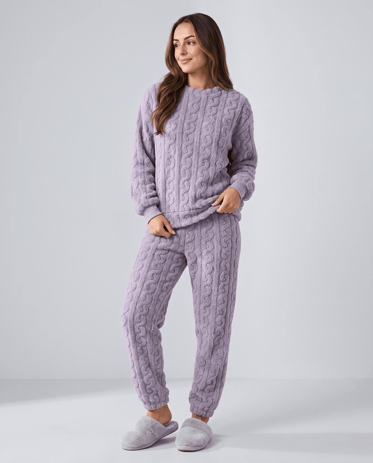 Coral Velvet Pajama Outfit Set – Jacquard Crew Neck Top, Jogger Pants & Soft Thick Fabric | Bronwyn