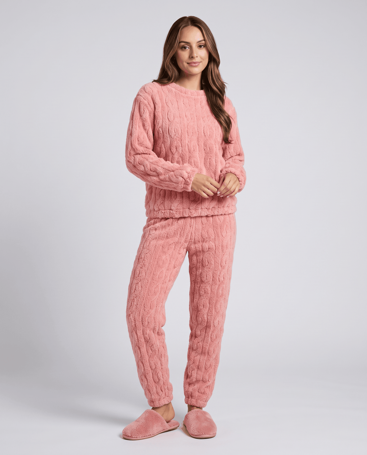 Coral Velvet Pajama Outfit Set – Jacquard Crew Neck Top, Jogger Pants & Soft Thick Fabric | Bronwyn