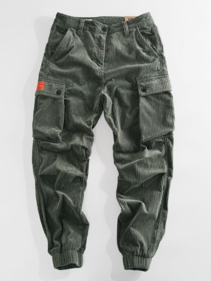 Corduroy Cargo Trousers with Multiple Pockets for Men