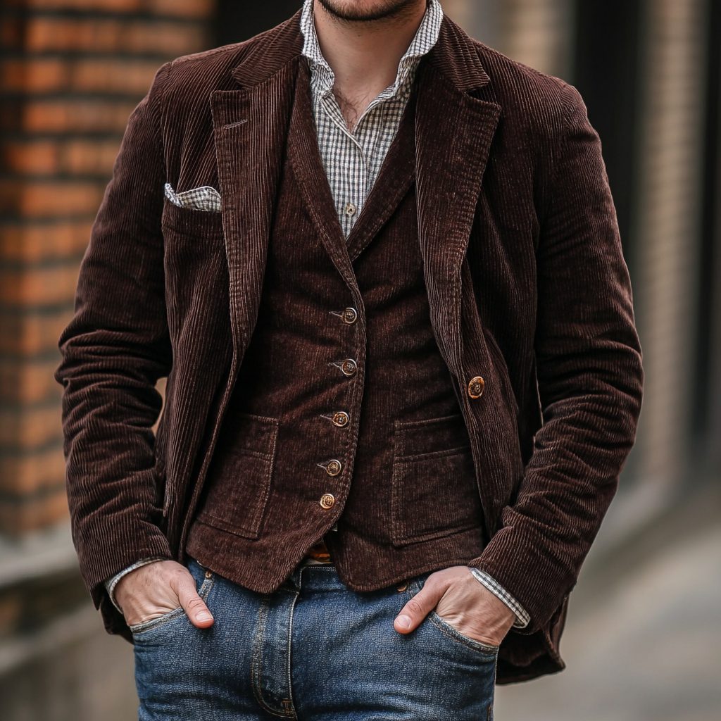Corduroy Notch Lapel Blazer with Matching Vest for Men