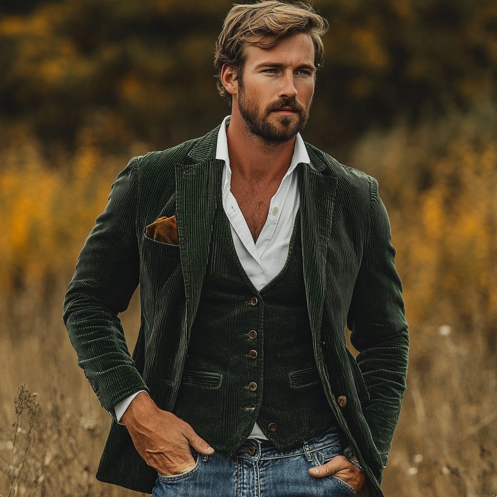 Corduroy Notch Lapel Blazer with Matching Vest for Men