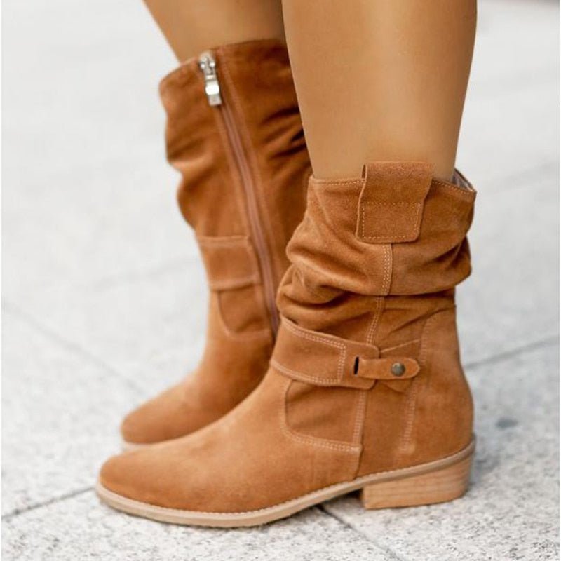Women's Suede Ankle Boots - Slouched Design - Low Heel - Buckle Strap Detail