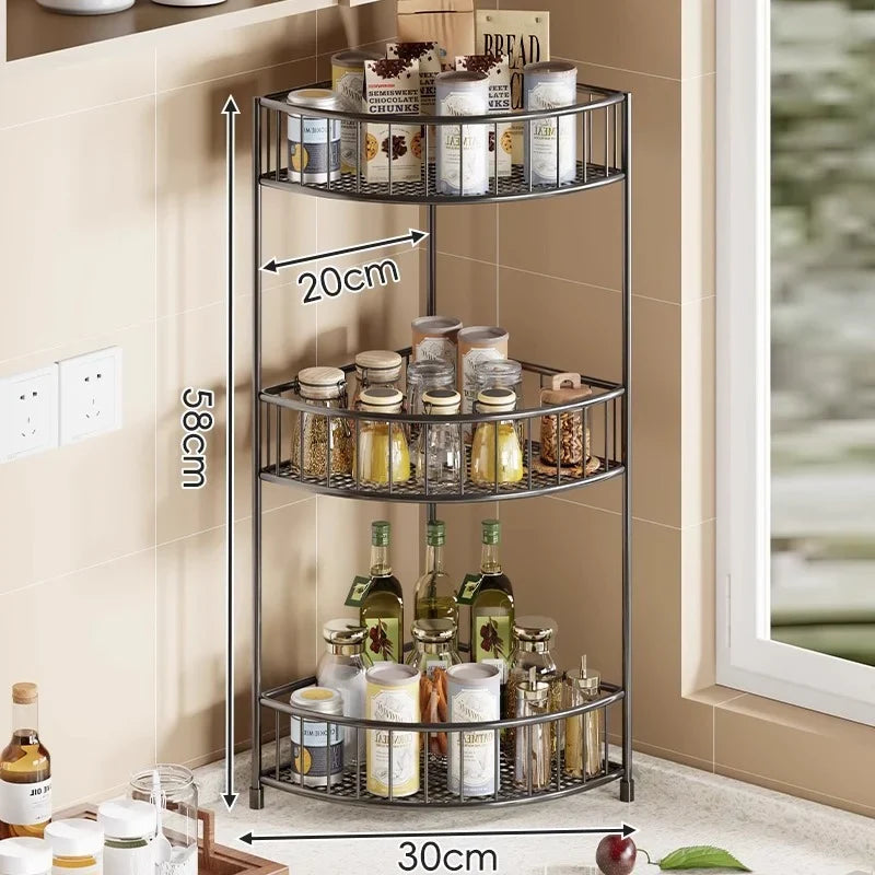 Corner Storage Rack | Three-Tier Mesh Shelves & Raised Rails
