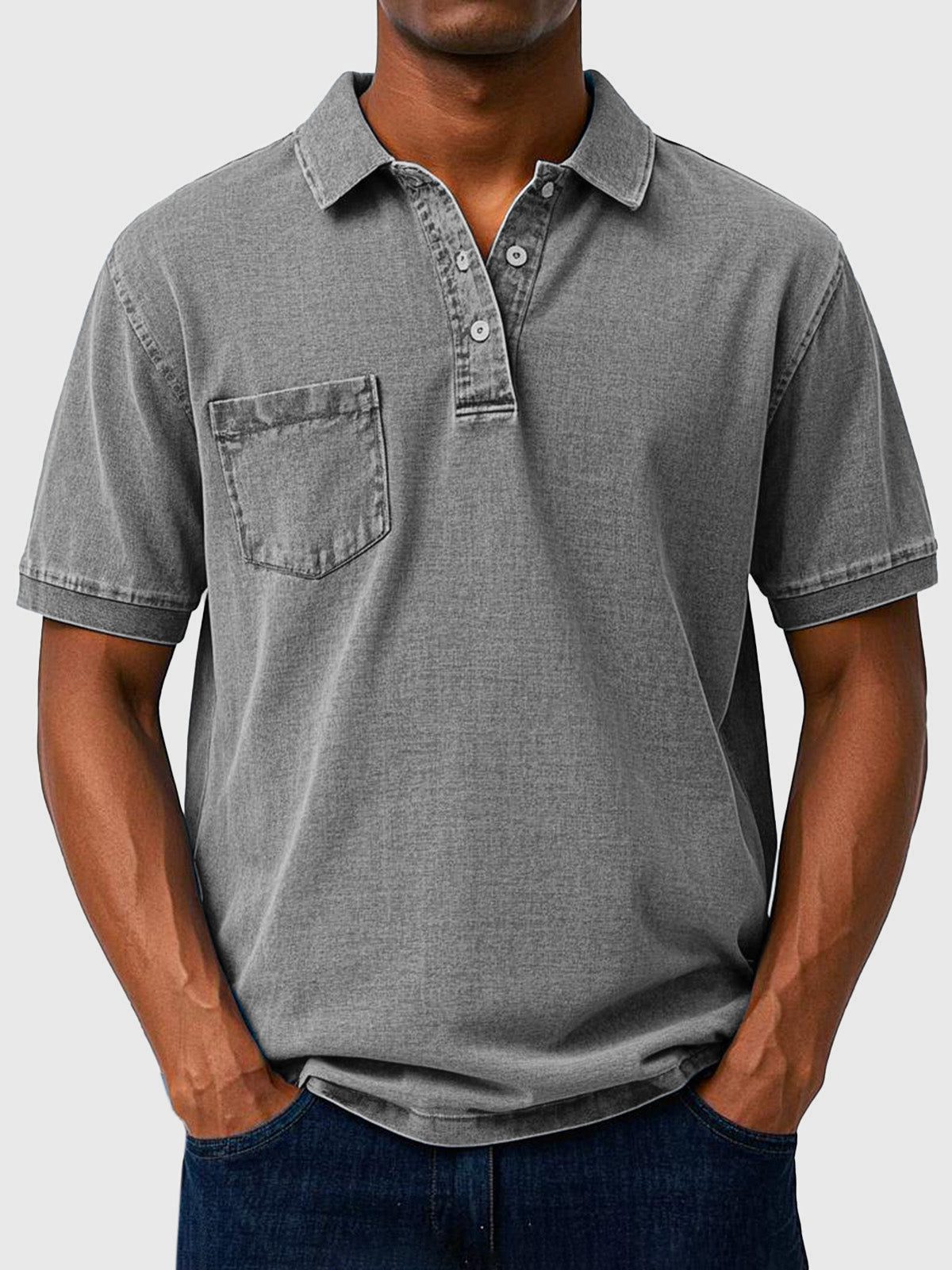 Cotton-Denim Chest Pocket Polo Shirt for Men