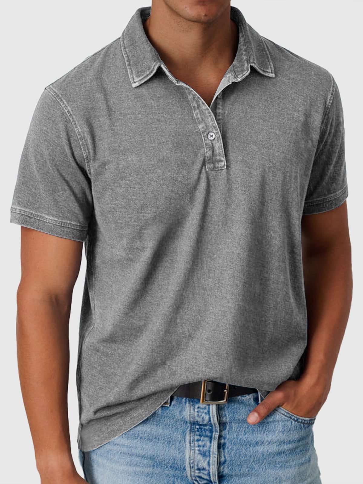 Cotton-Denim Short Sleeve Polo Shirt for Men