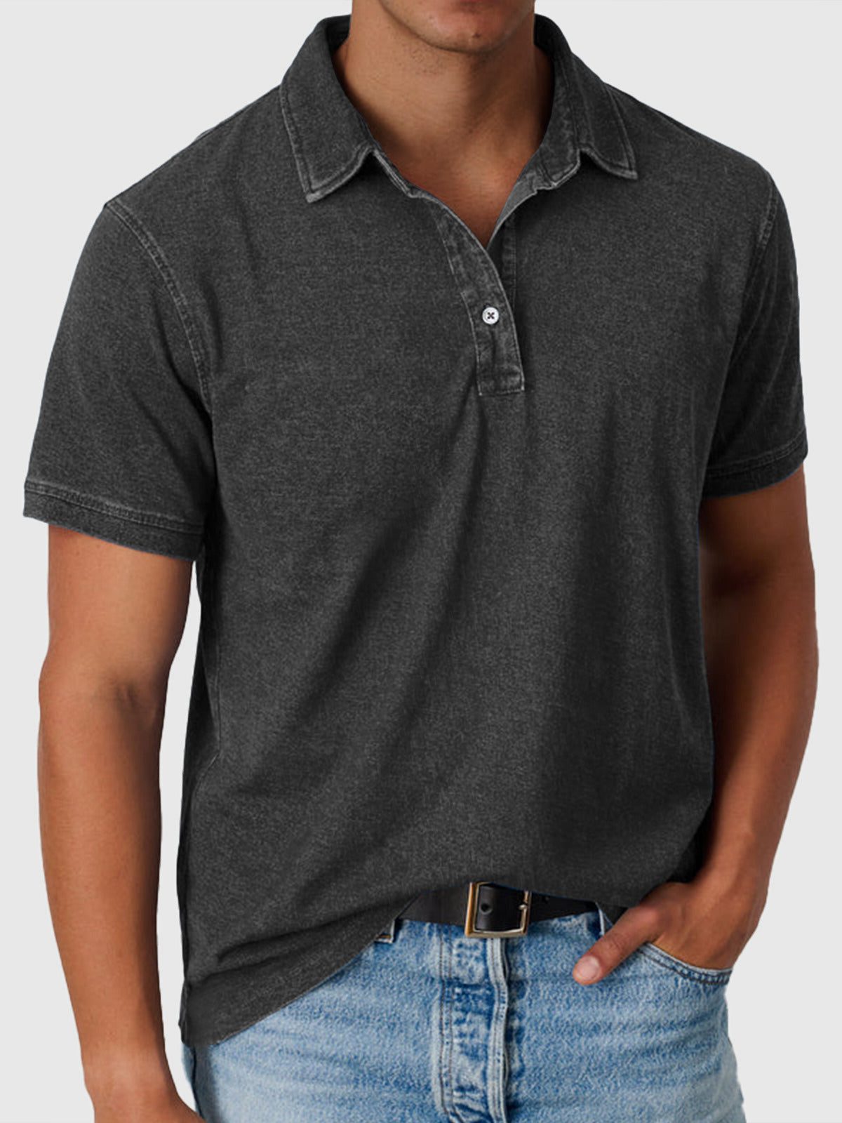 Cotton-Denim Short Sleeve Polo Shirt for Men