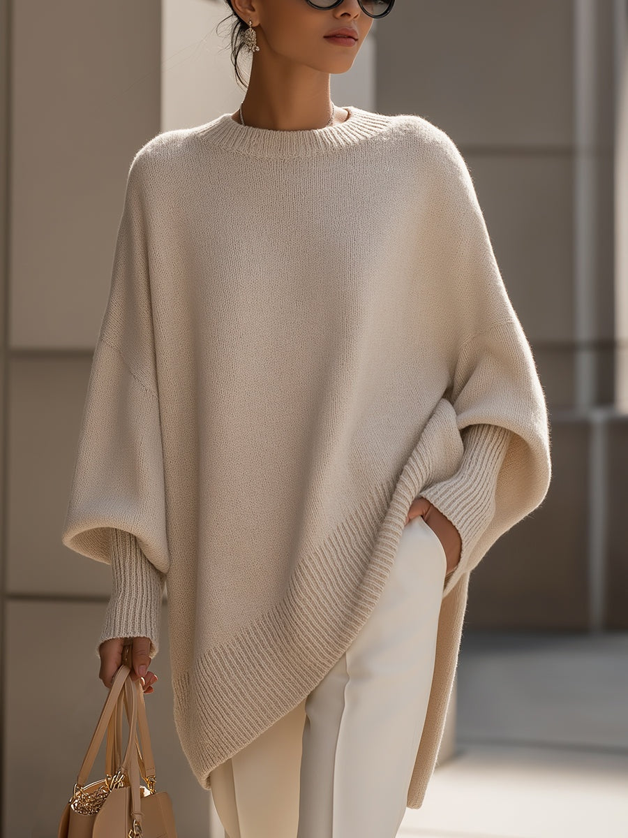Lily | Women's Oversized Asymmetric Knit Sweater Crew Neck
