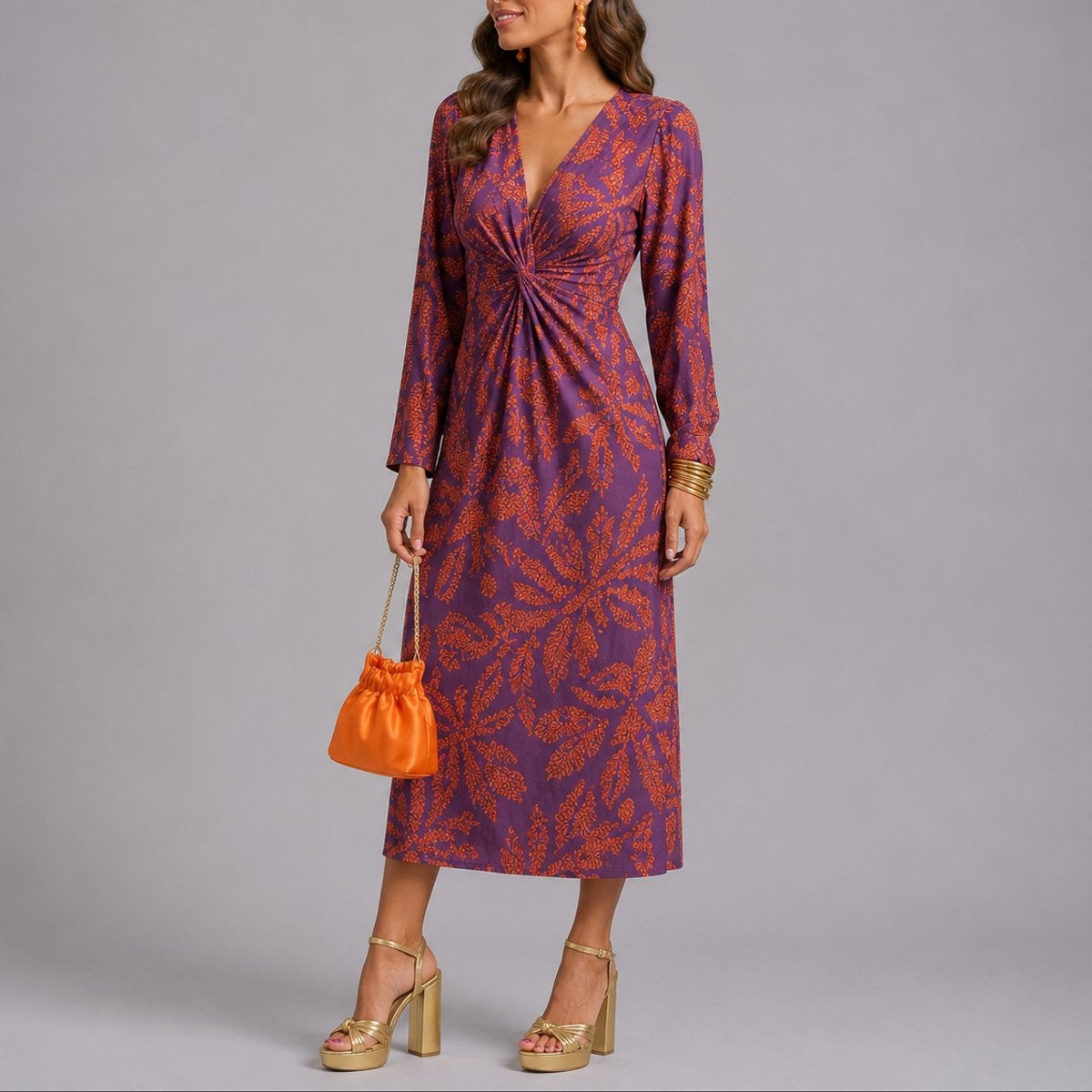 Isabella | Women's Printed Midi Winter Wedding Guest Dress Long Sleeve