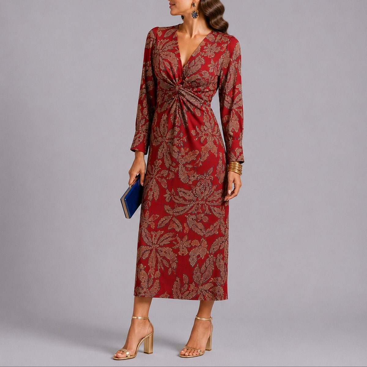 Isabella | Women's Printed Midi Winter Wedding Guest Dress Long Sleeve