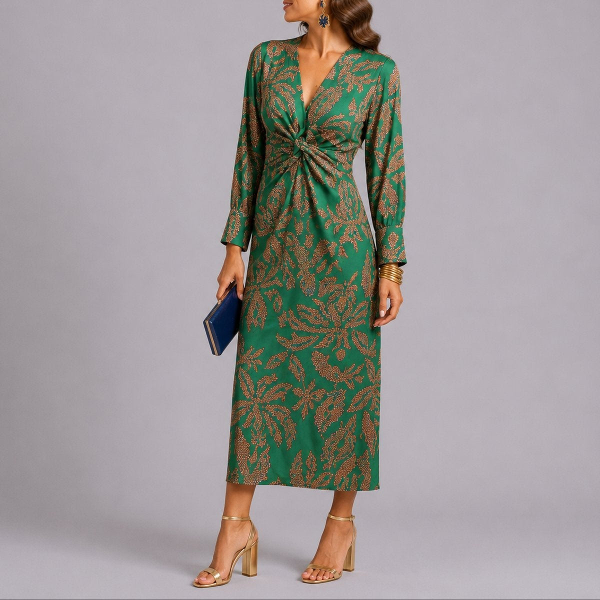 Isabella | Women's Printed Midi Winter Wedding Guest Dress Long Sleeve