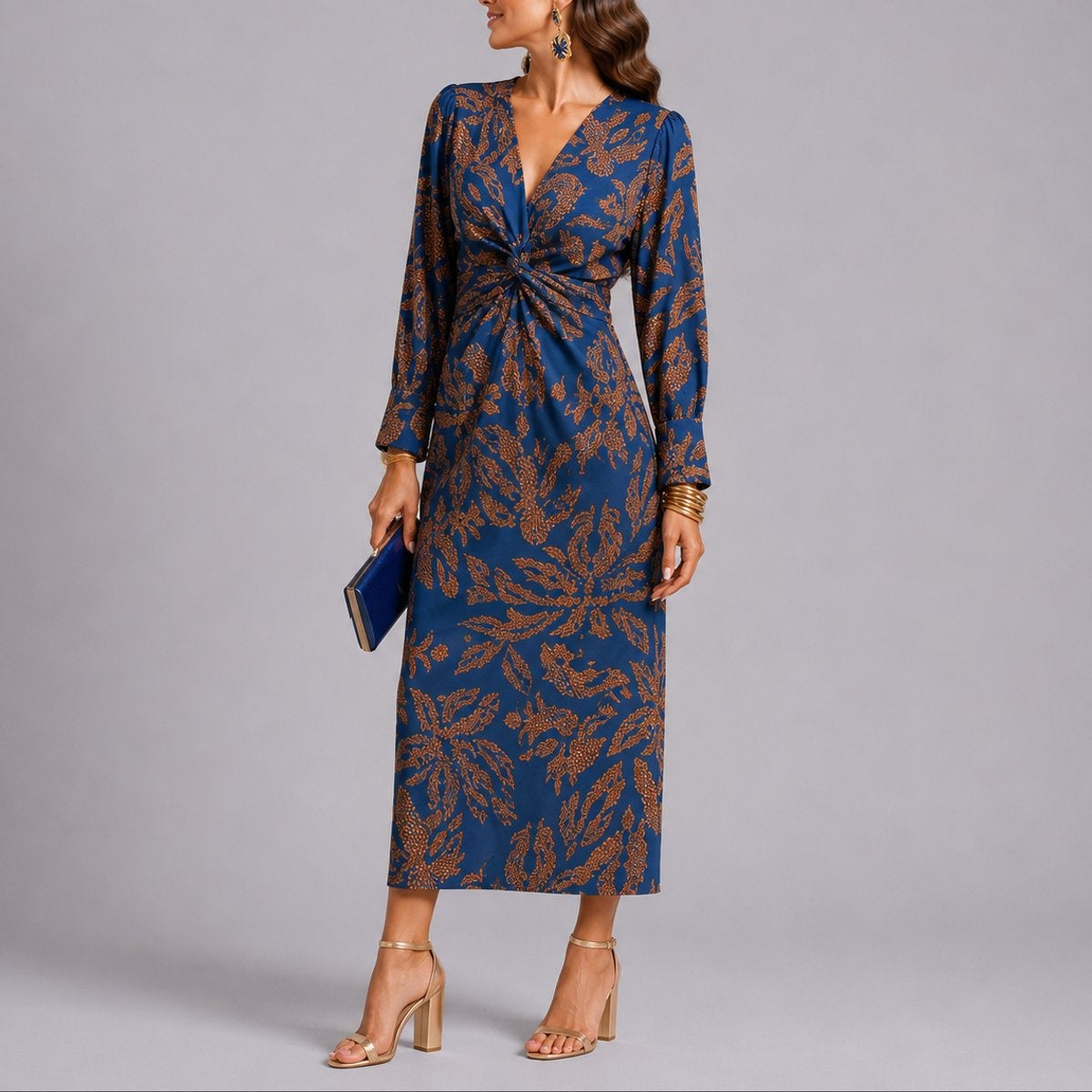 Isabella | Women's Printed Midi Winter Wedding Guest Dress Long Sleeve