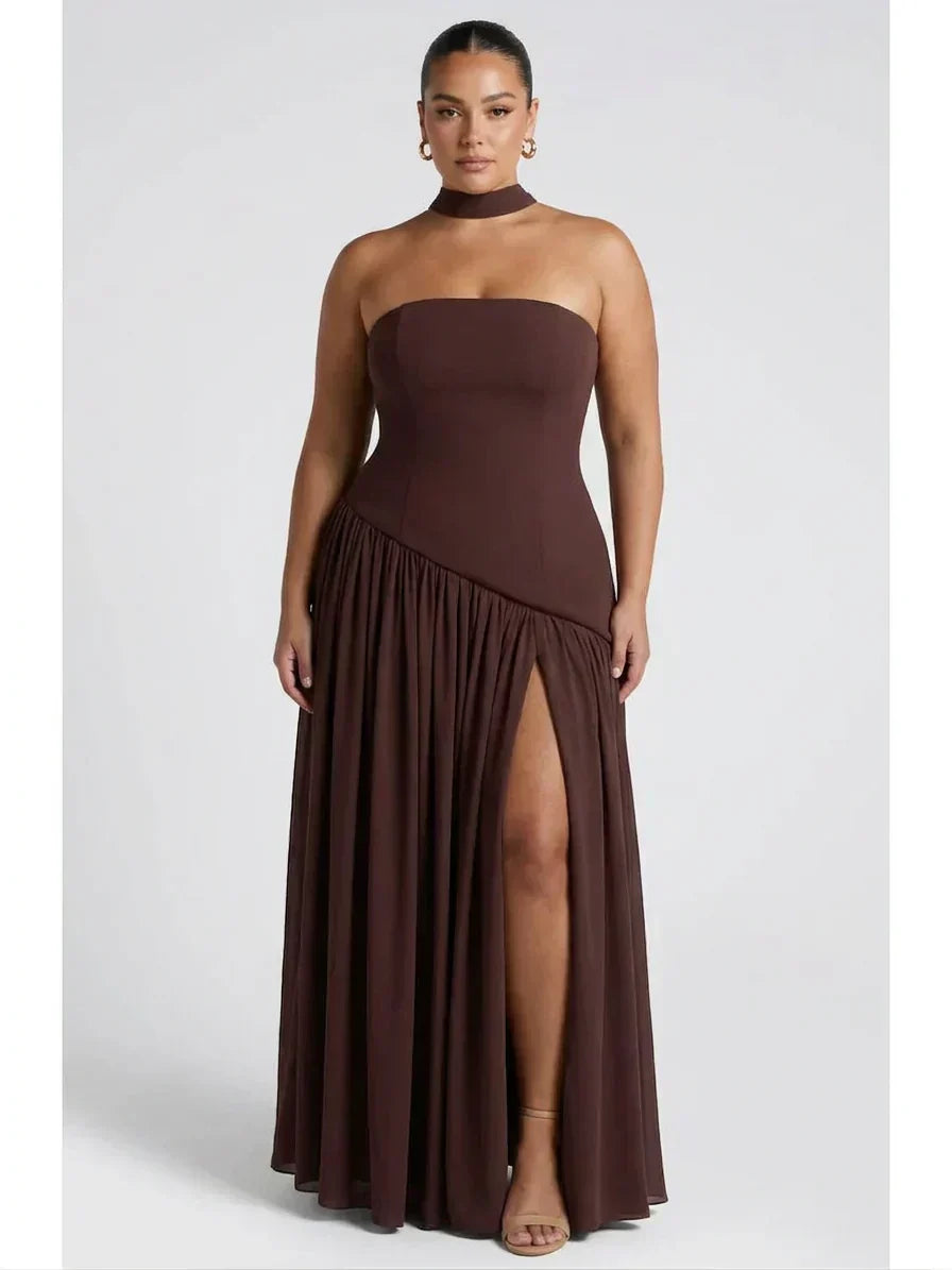 Women’s Strapless Corset Maxi Dress with High Split