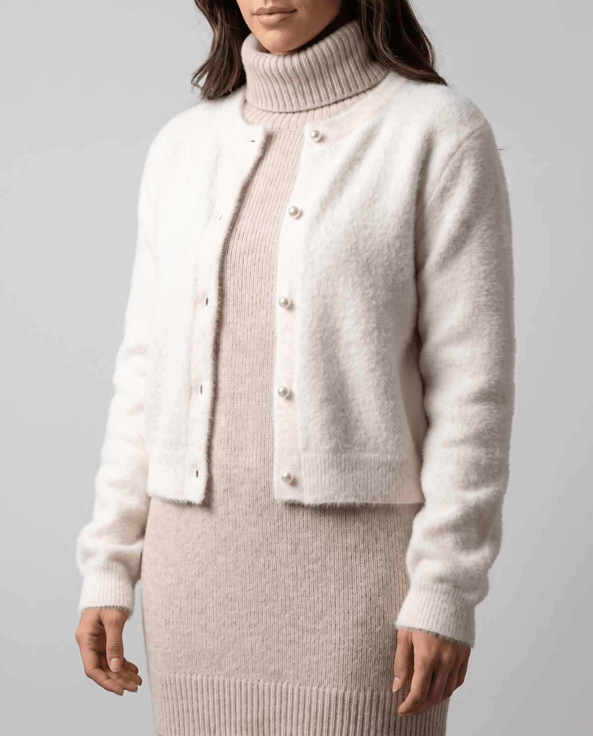 Crew Neck Cardigan Sweater – Plush Knit, Pearl Buttons & Drop Shoulder | Annika