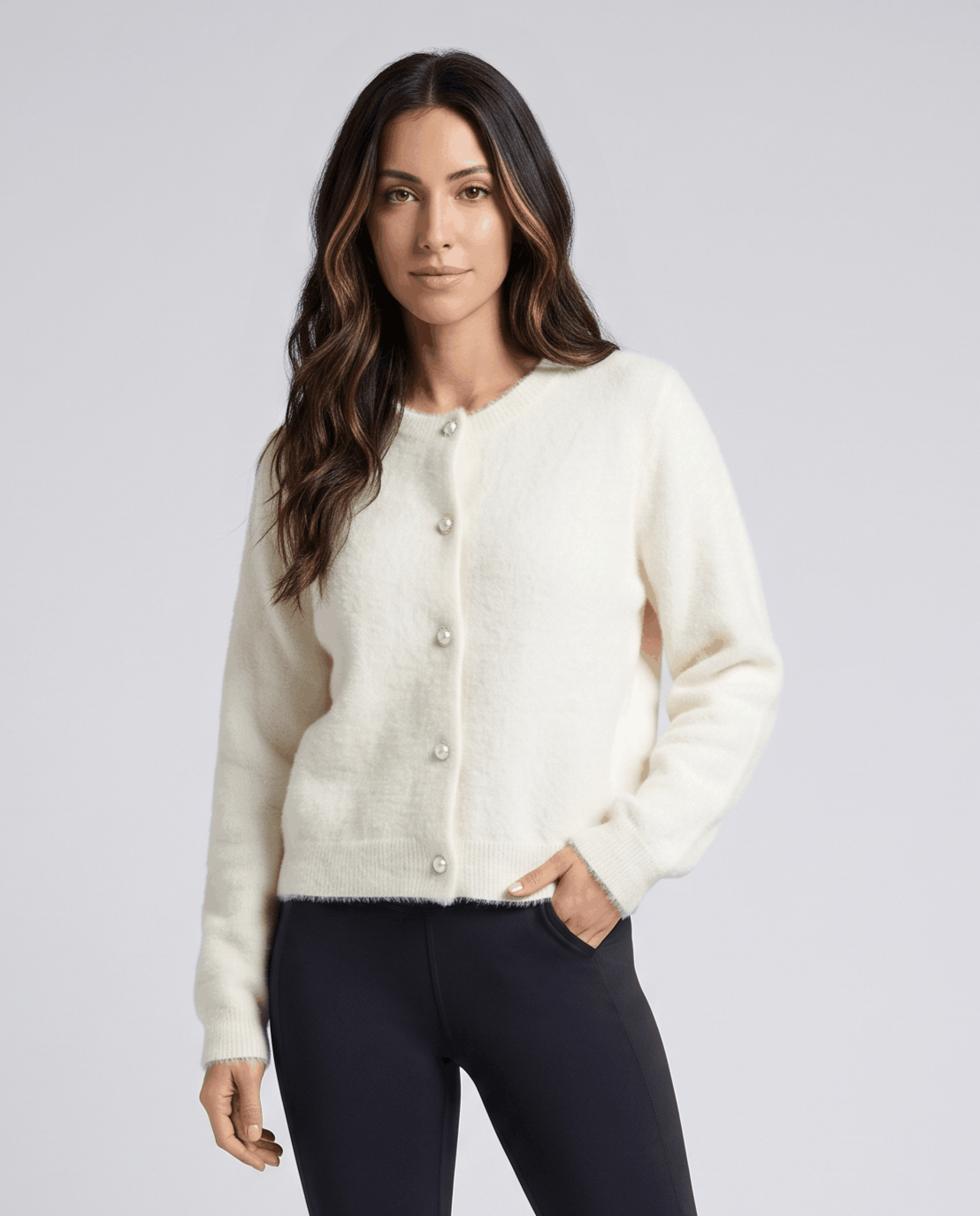 Crew Neck Cardigan Sweater – Plush Knit, Pearl Buttons & Drop Shoulder | Annika