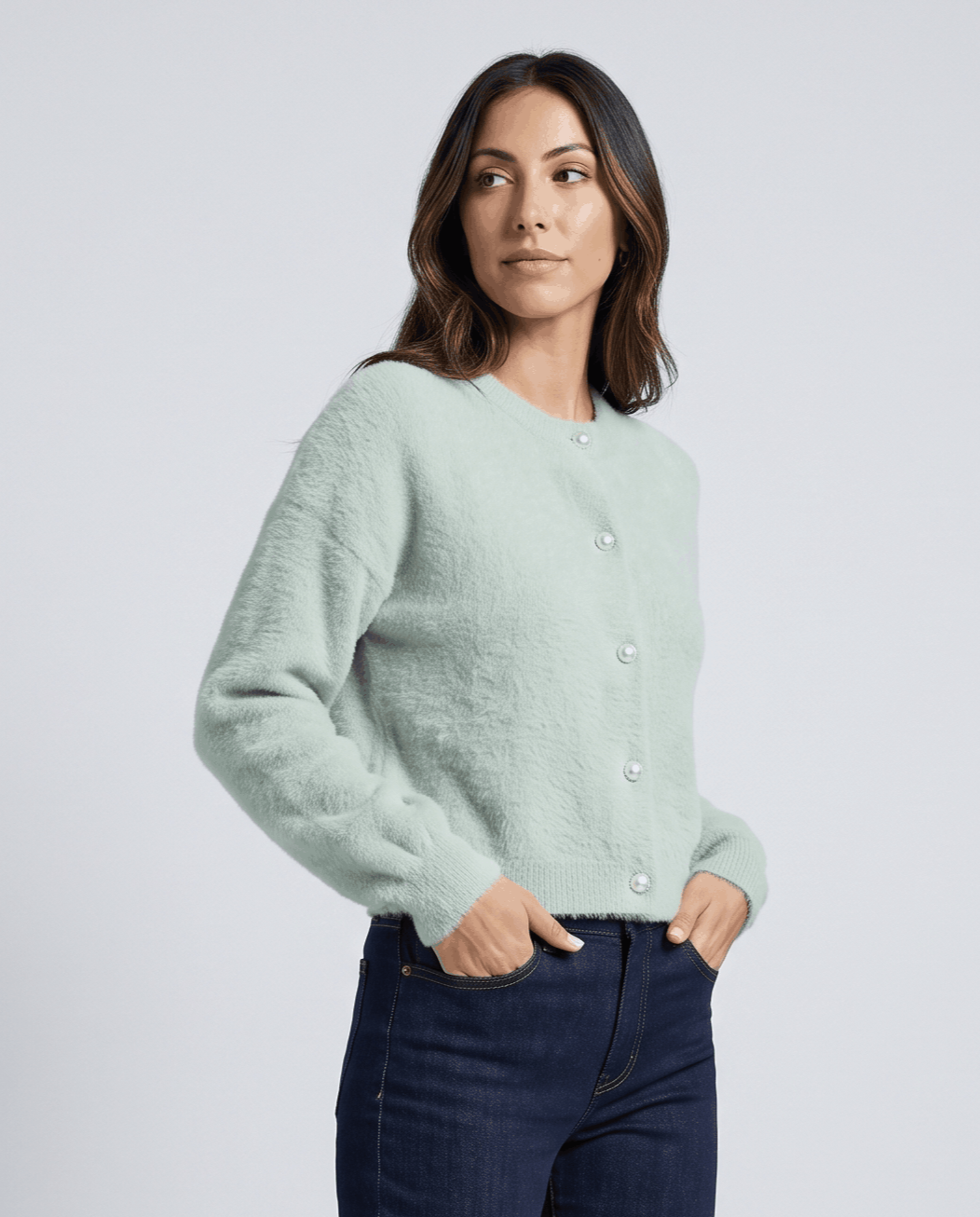 Crew Neck Cardigan Sweater – Plush Knit, Pearl Buttons & Drop Shoulder | Annika