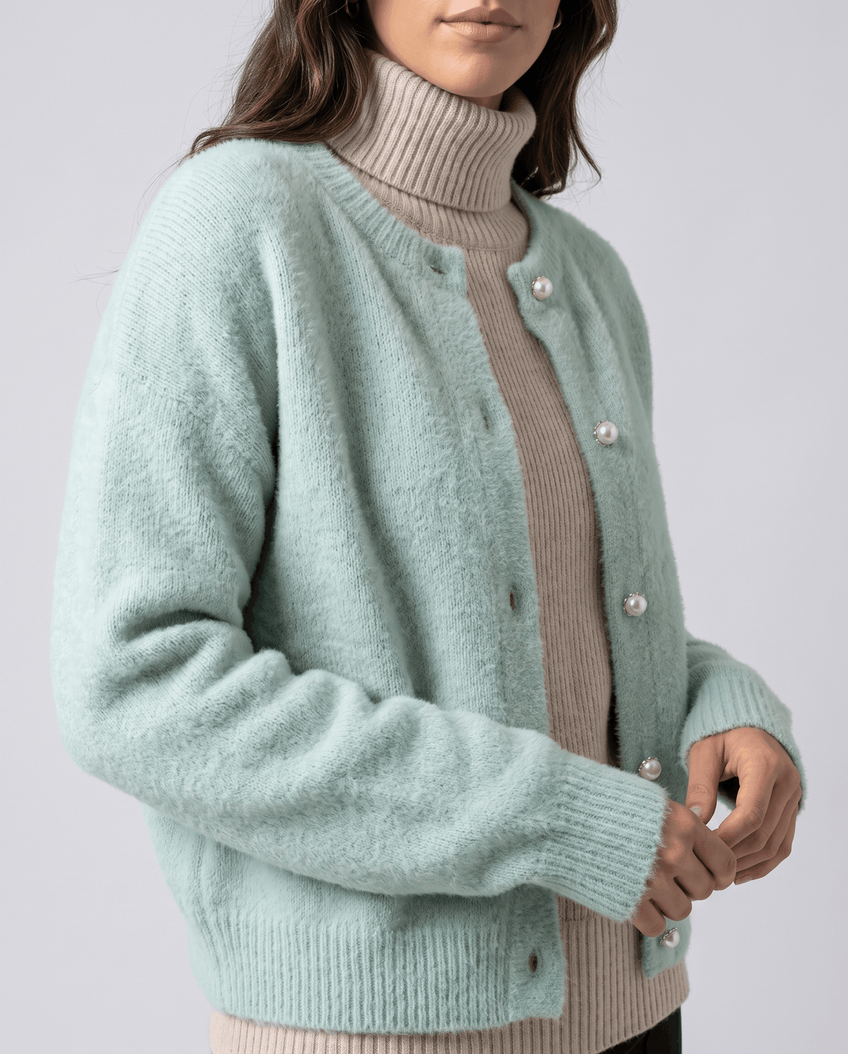 Crew Neck Cardigan Sweater – Plush Knit, Pearl Buttons & Drop Shoulder | Annika