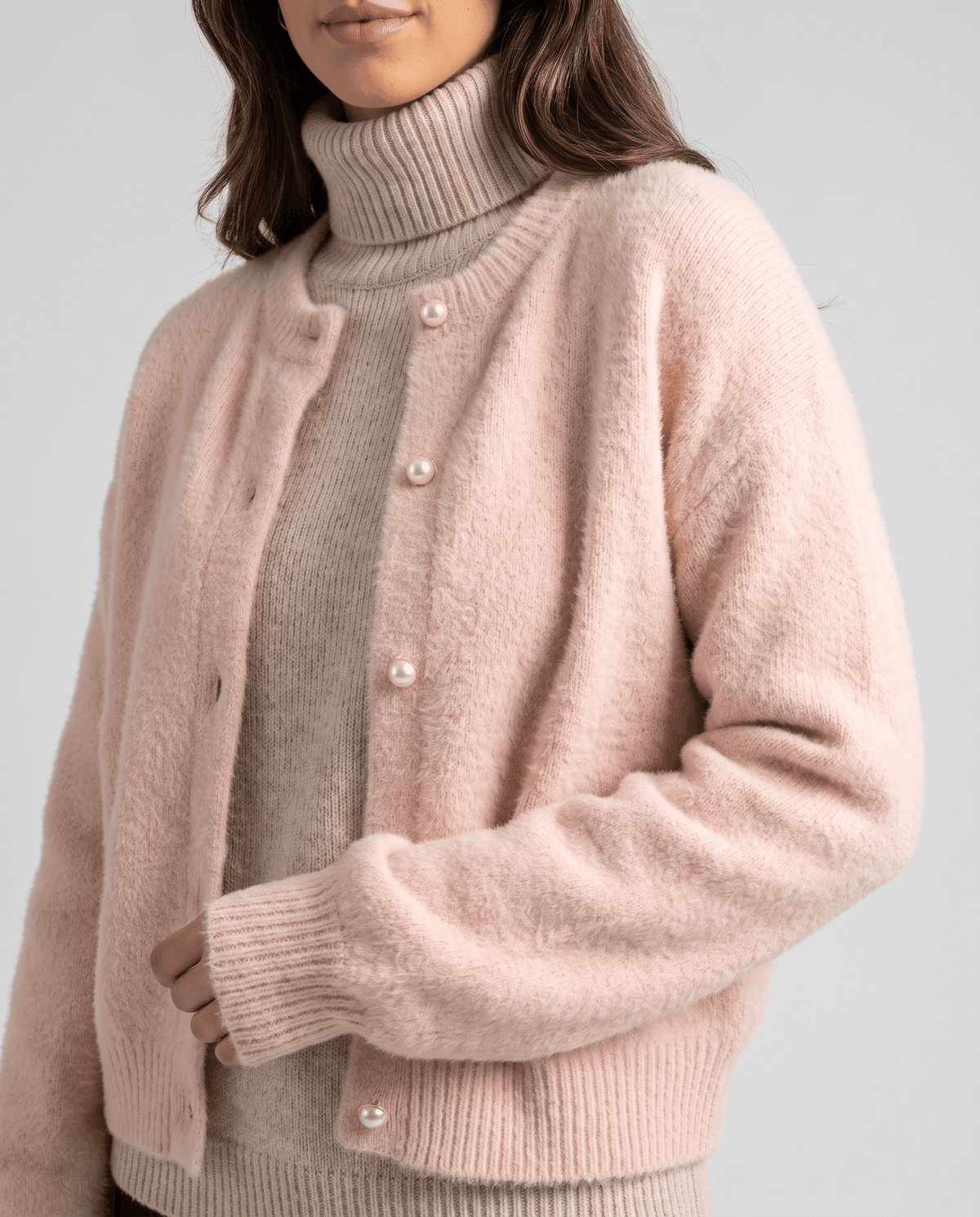 Crew Neck Cardigan Sweater – Plush Knit, Pearl Buttons & Drop Shoulder | Annika