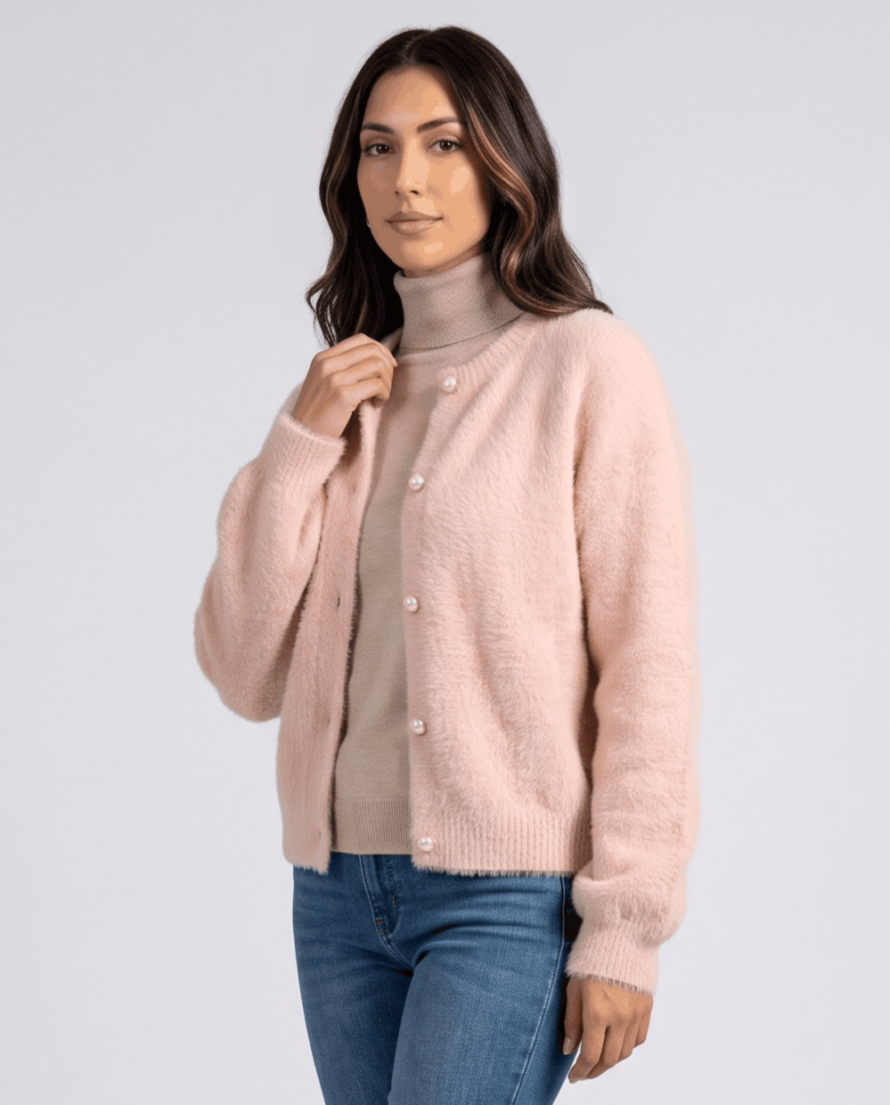 Crew Neck Cardigan Sweater – Plush Knit, Pearl Buttons & Drop Shoulder | Annika