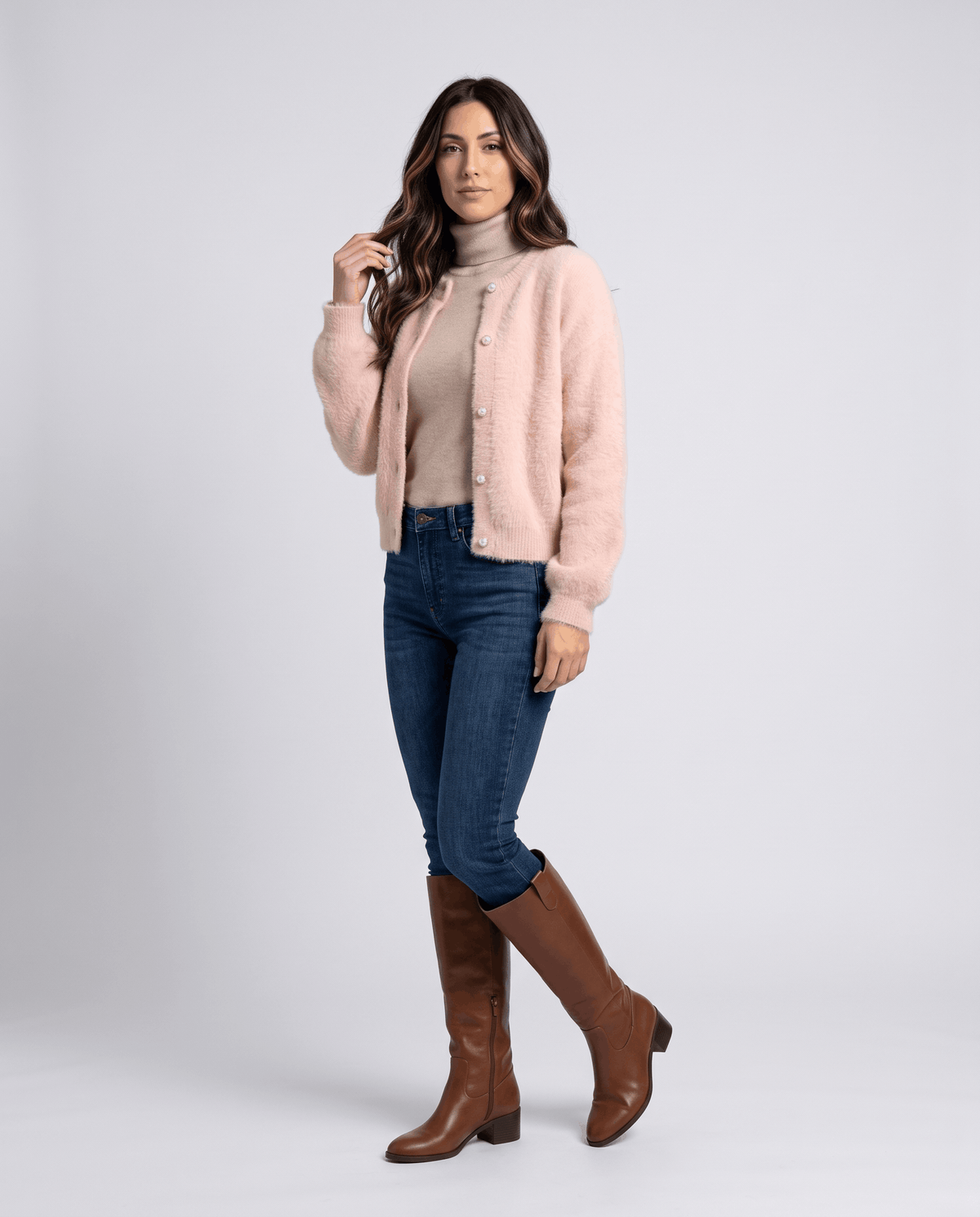Crew Neck Cardigan Sweater – Plush Knit, Pearl Buttons & Drop Shoulder | Annika