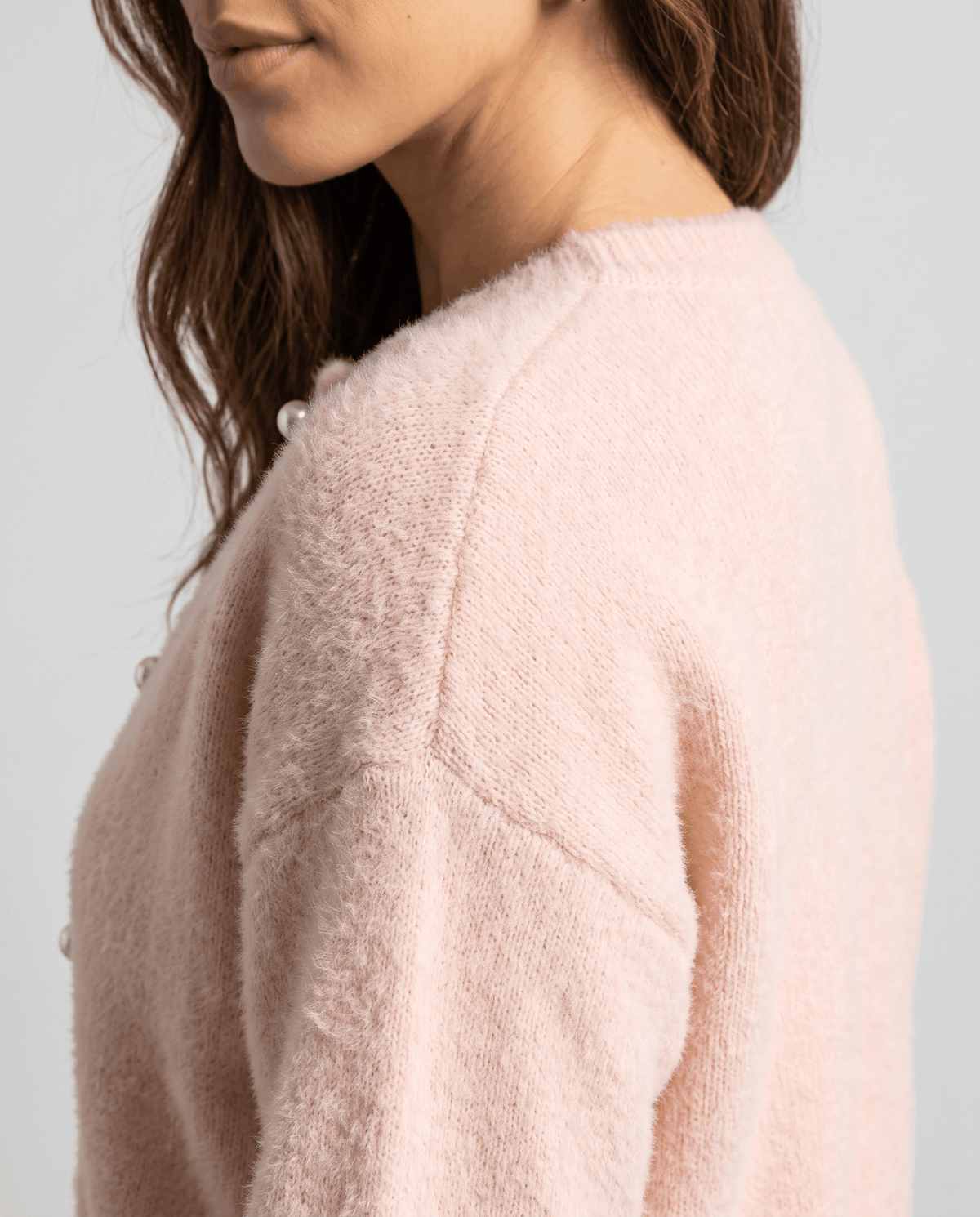 Crew Neck Cardigan Sweater – Plush Knit, Pearl Buttons & Drop Shoulder | Annika