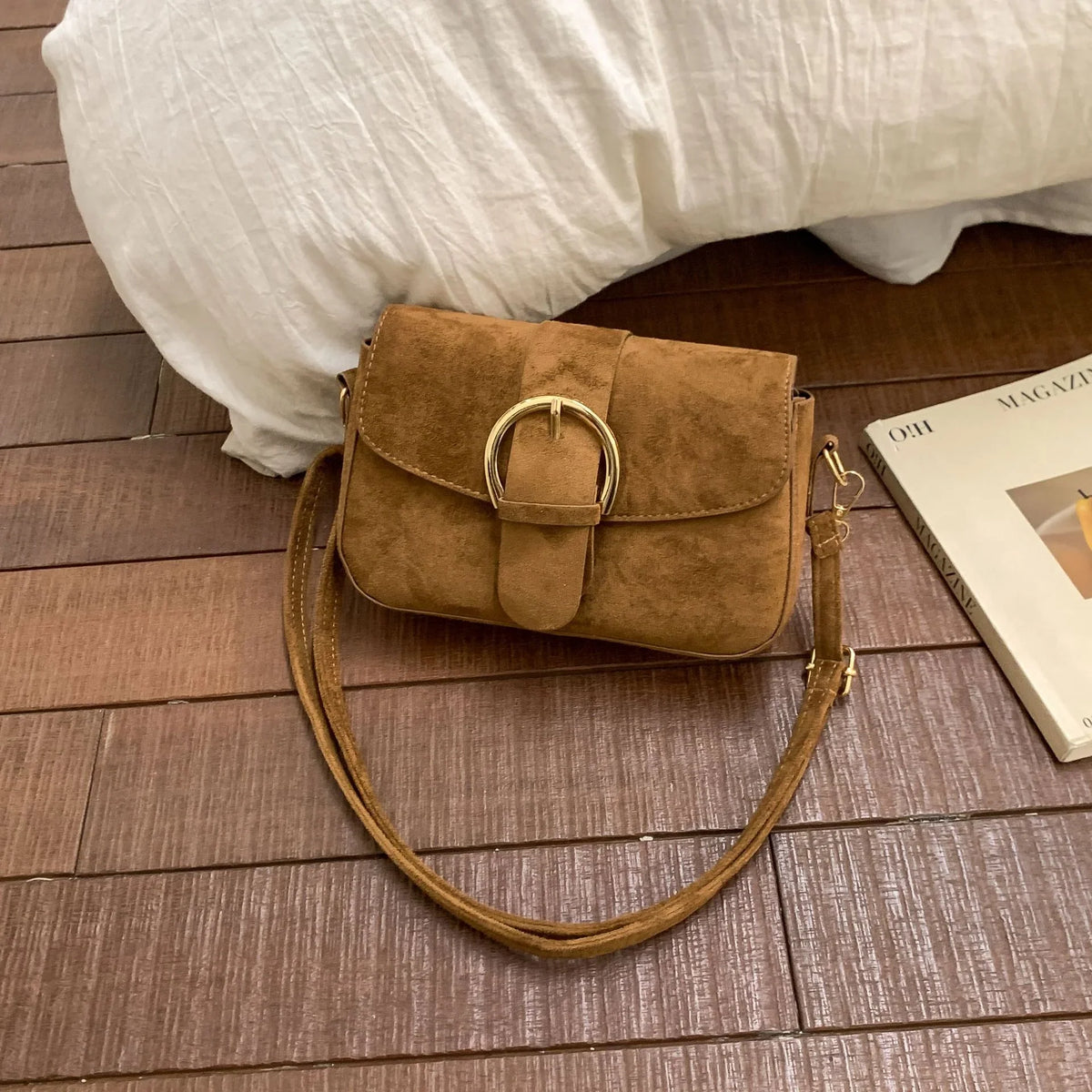 Crossbody Bag | Soft Suede & Circular Buckle | Adjustable Strap