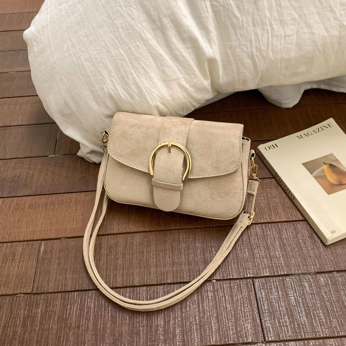 Crossbody Bag | Soft Suede & Circular Buckle | Adjustable Strap