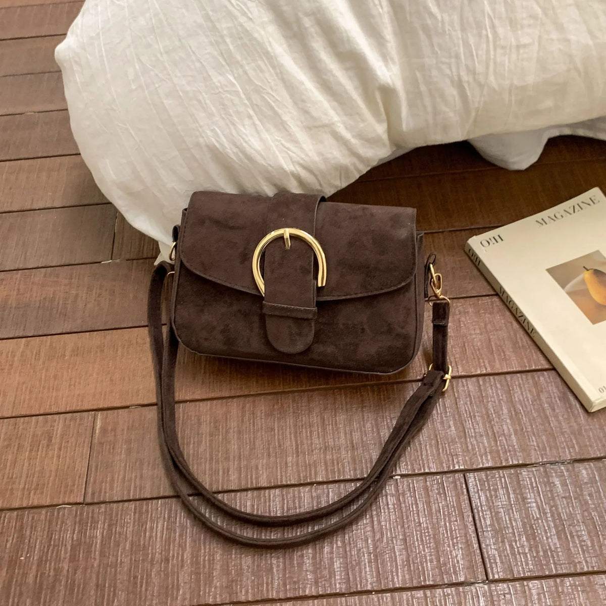 Crossbody Bag | Soft Suede & Circular Buckle | Adjustable Strap