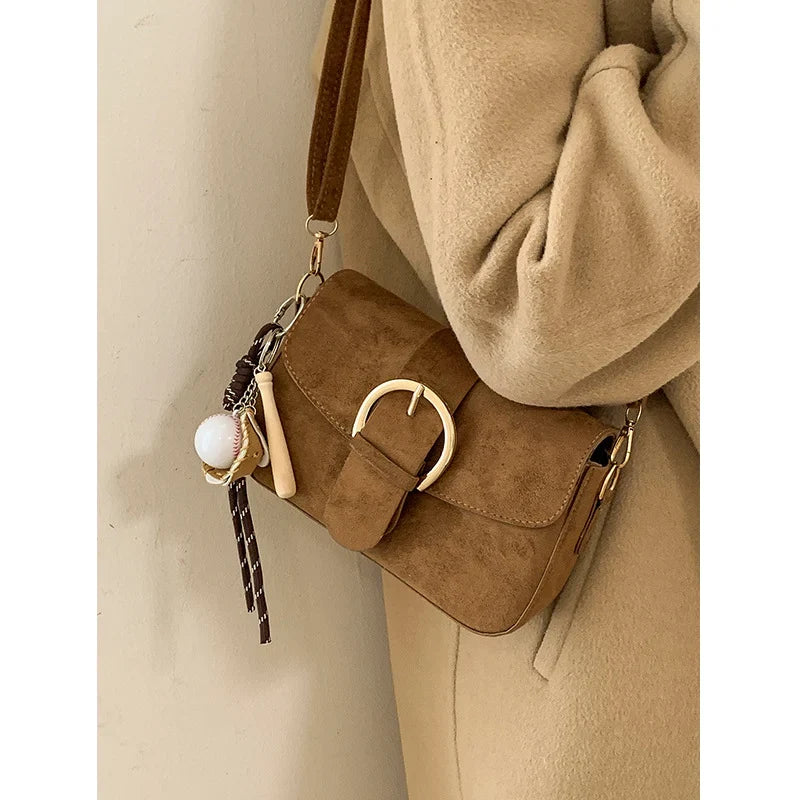 Crossbody Bag | Soft Suede & Circular Buckle | Adjustable Strap