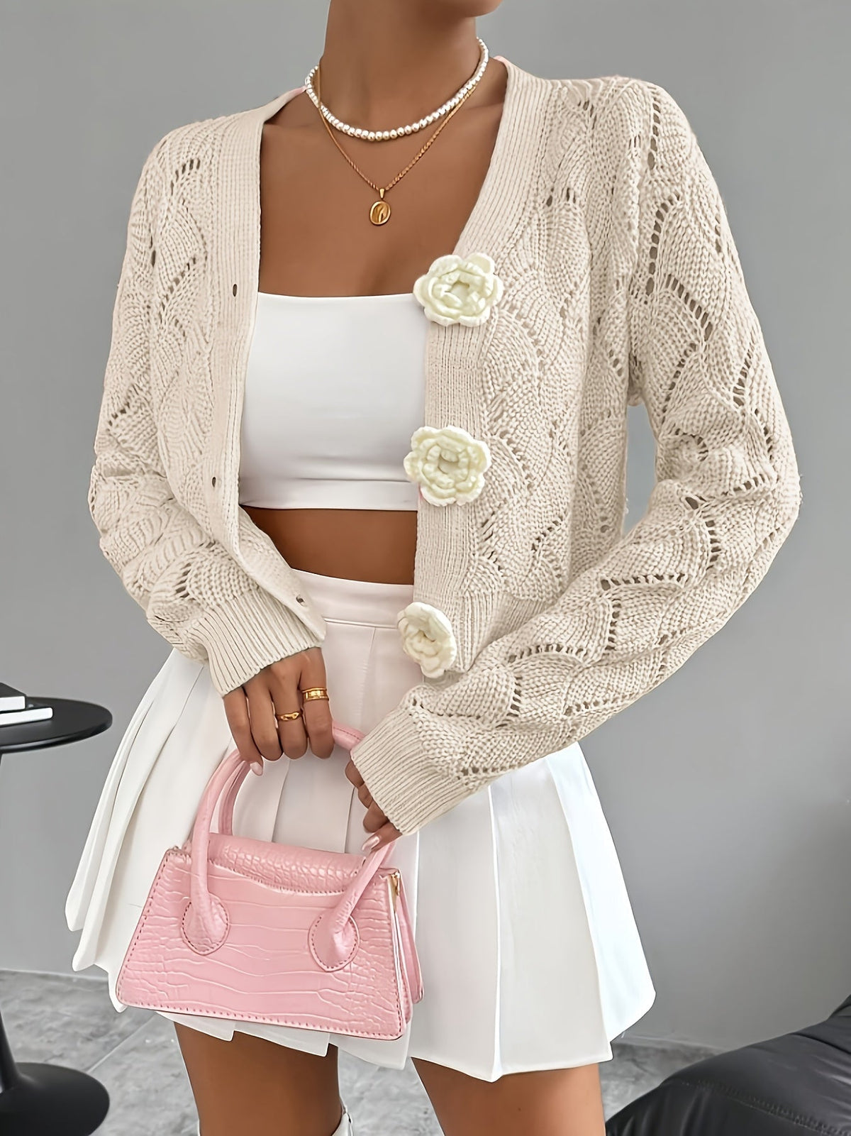 Heidi | Crochet Knit 3D Floral Buttons Cardigan