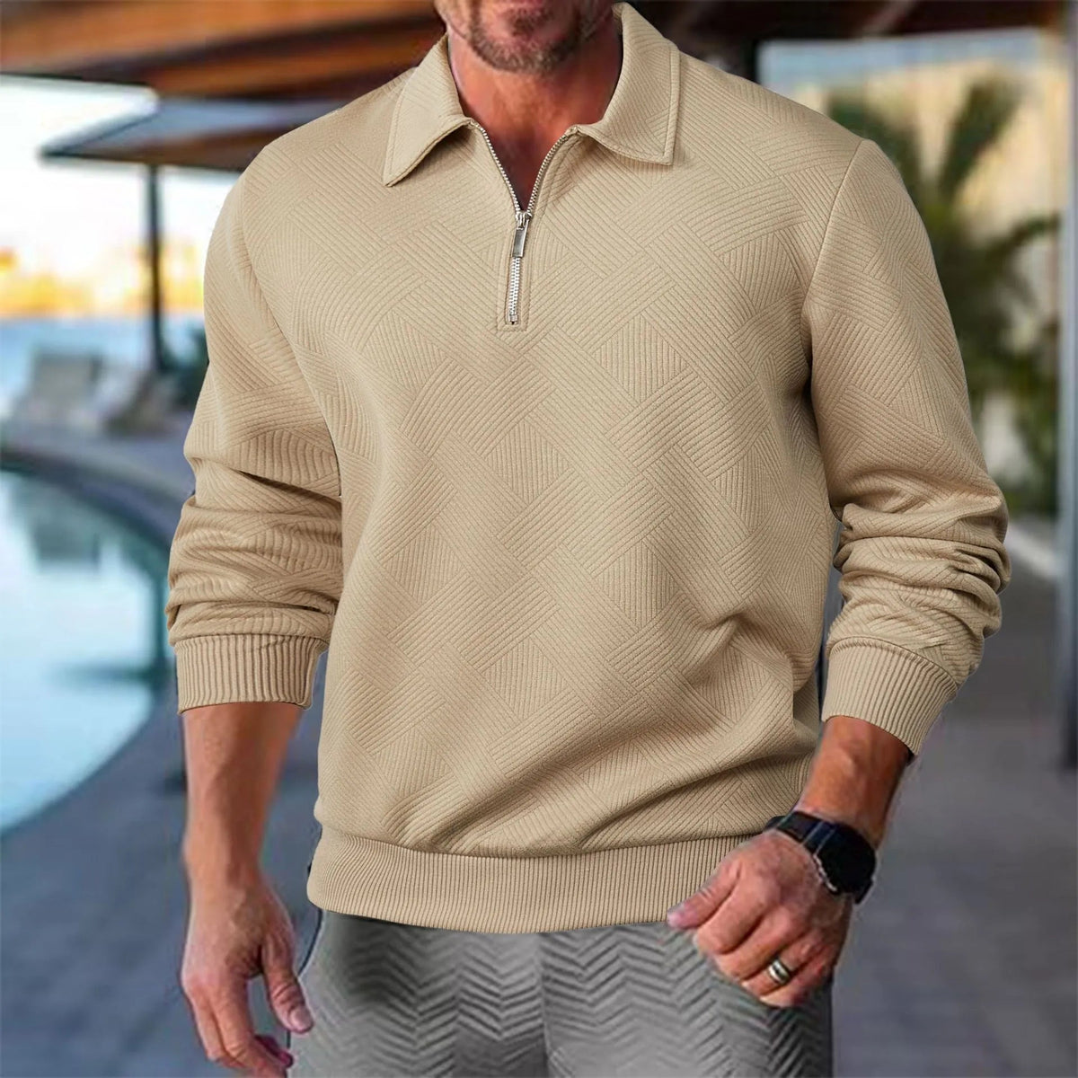 Men's Half-Zip Sweatshirt | Textured Knit Polo Collar