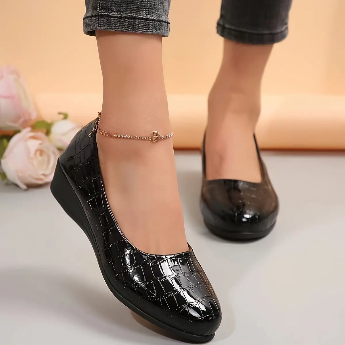 Women's Patent Wedge Shoes Croc-Effect Slip-On