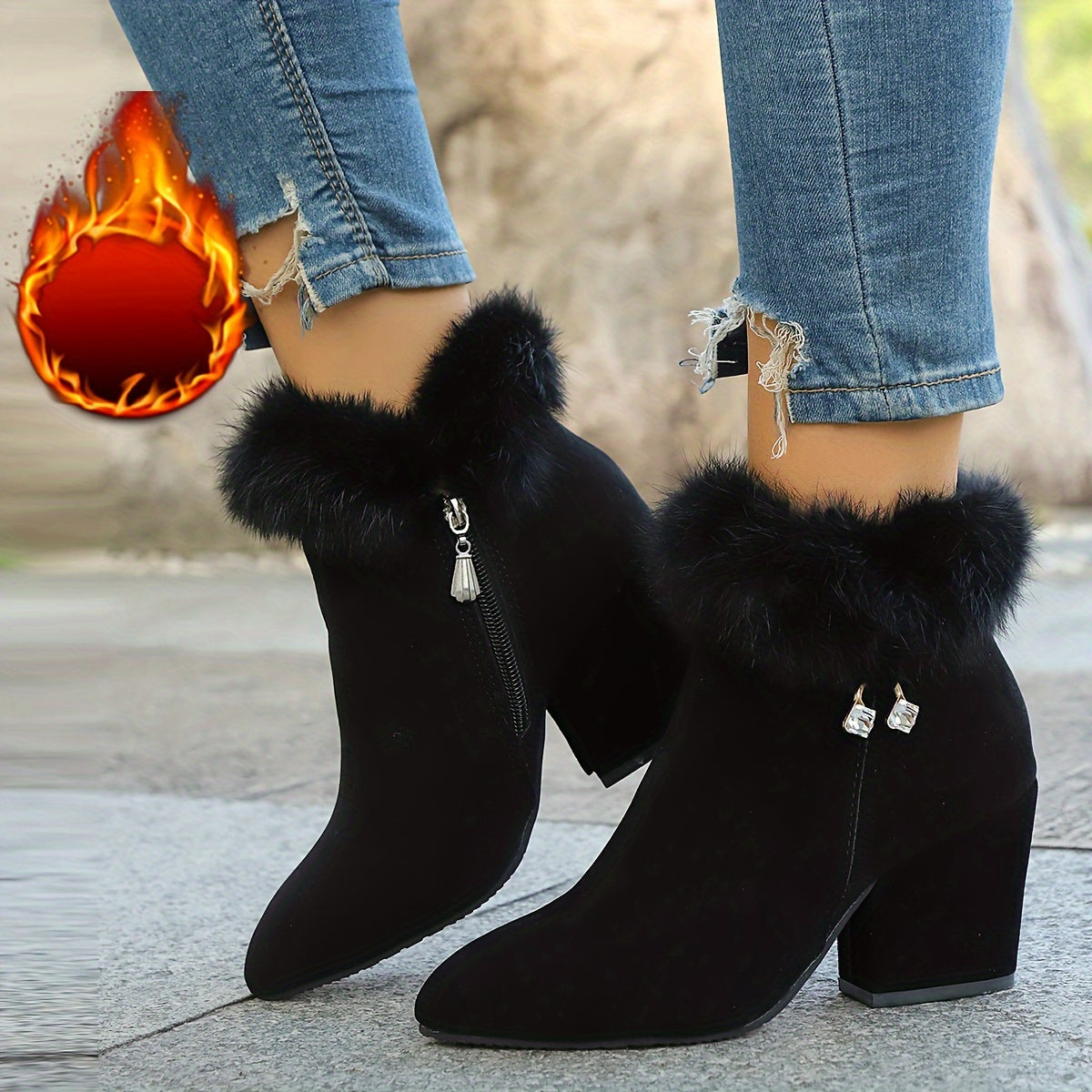 Women's Faux-Fur Trim Ankle Boots Block Heel Side Zip