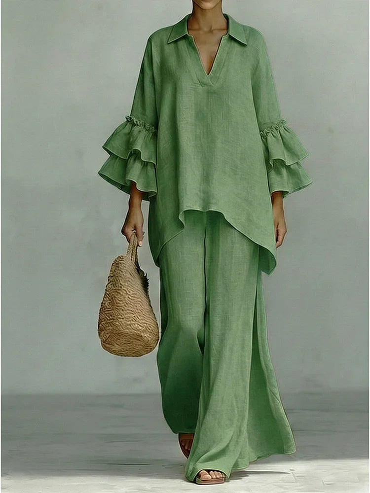 Casual Linen And Cotton Shirt And Wide-leg Pants Two-piece Set