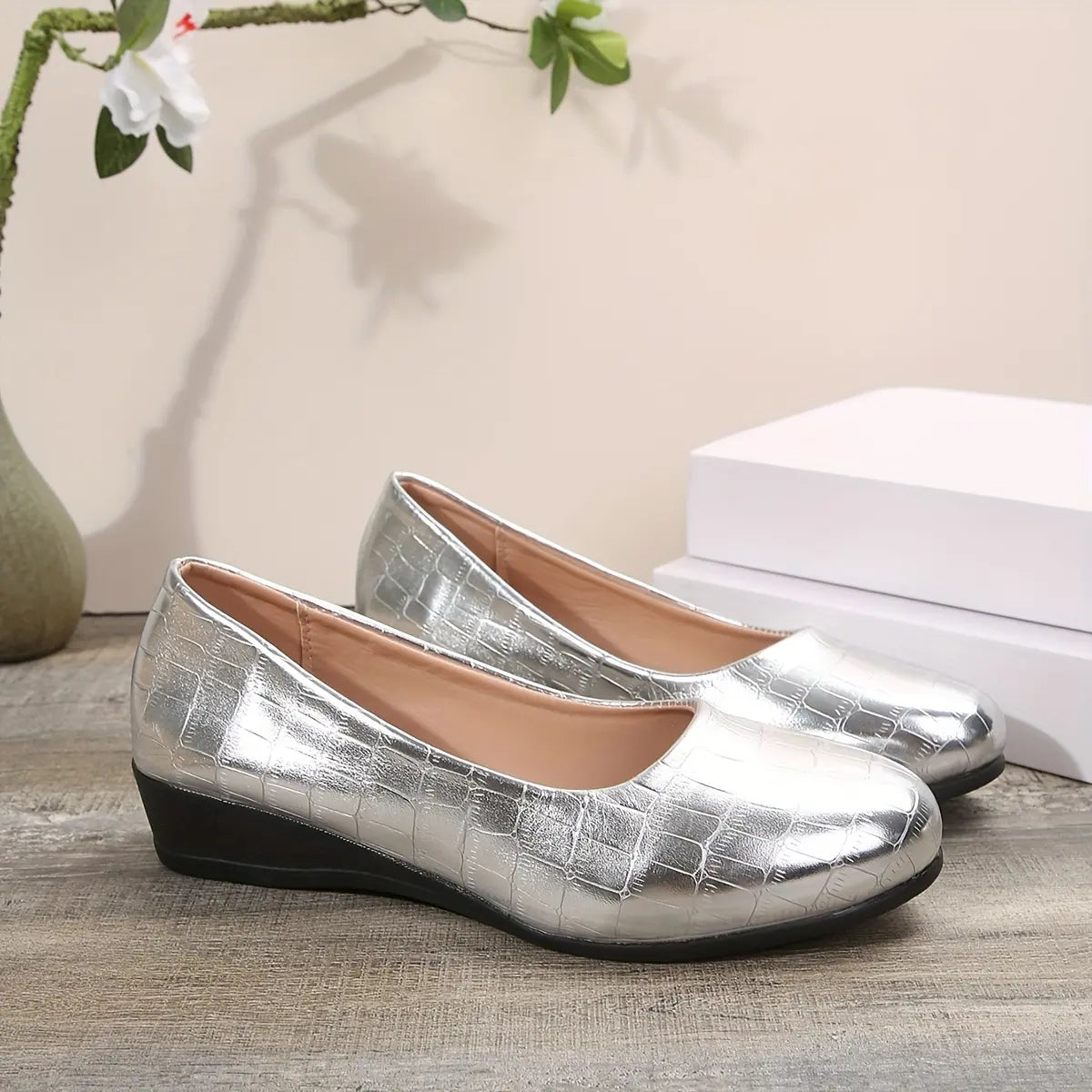 Women's Patent Wedge Shoes Croc-Effect Slip-On