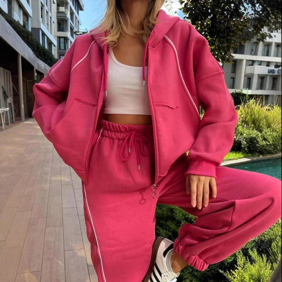 Women’s Zip-Up Hoodie and Jogger Set with Contrast Piping – Relaxed Sweatshirt Fabric for Everyday Comfort
