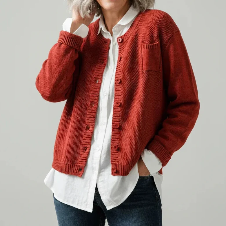 Women’s Textured Knit Button-Up Cardigan with Round Neck and Chest Pocket – Relaxed Classic Layer for Spring and Autumn