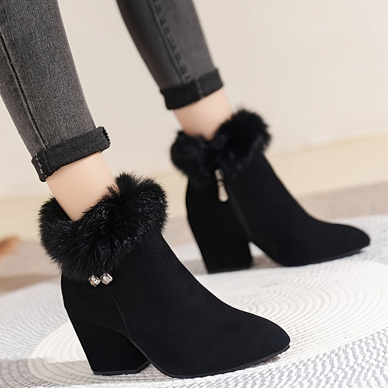 Women's Faux-Fur Trim Ankle Boots Block Heel Side Zip