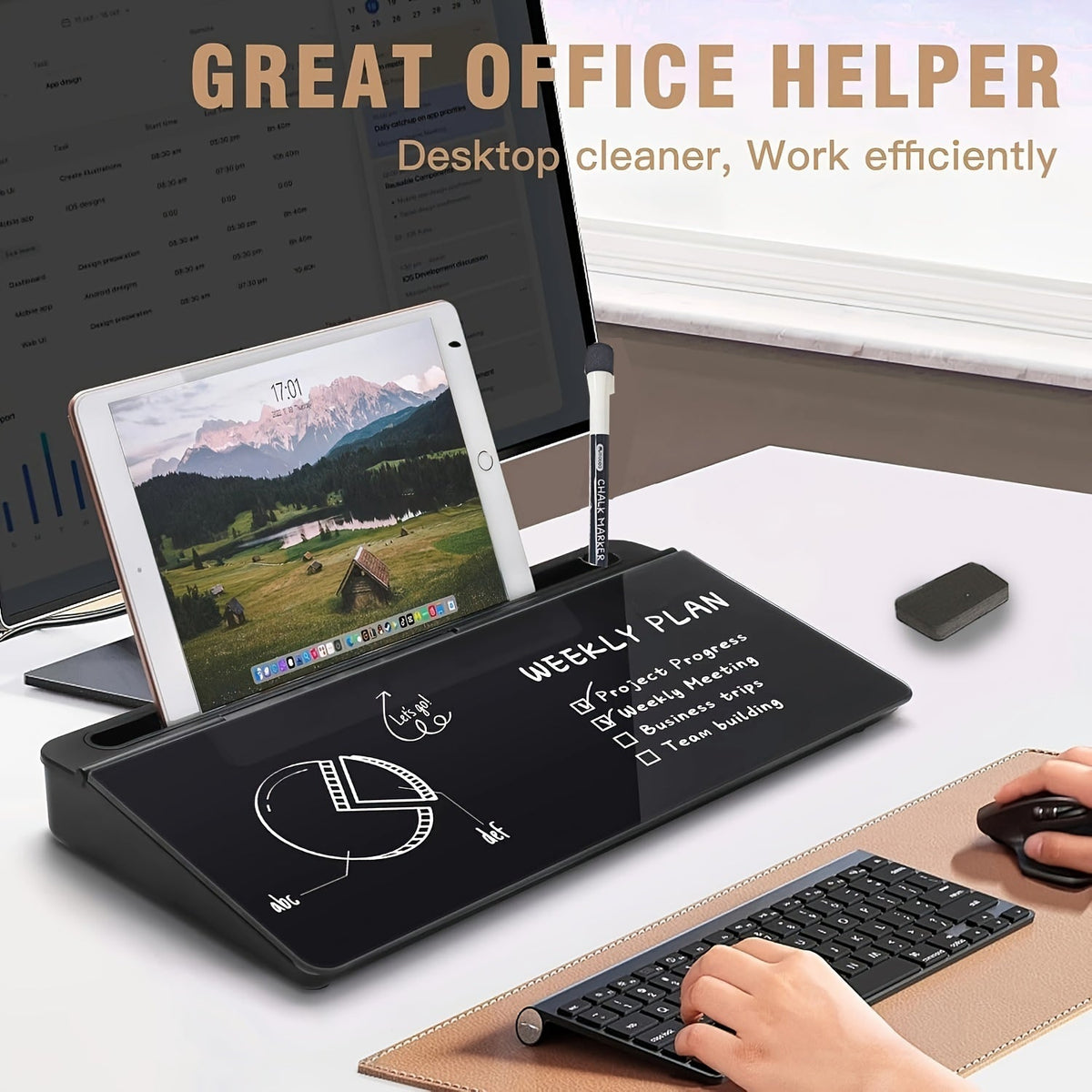 Glass Dry Erase Board with Magnetic Desktop Organizer and Built-In Storage