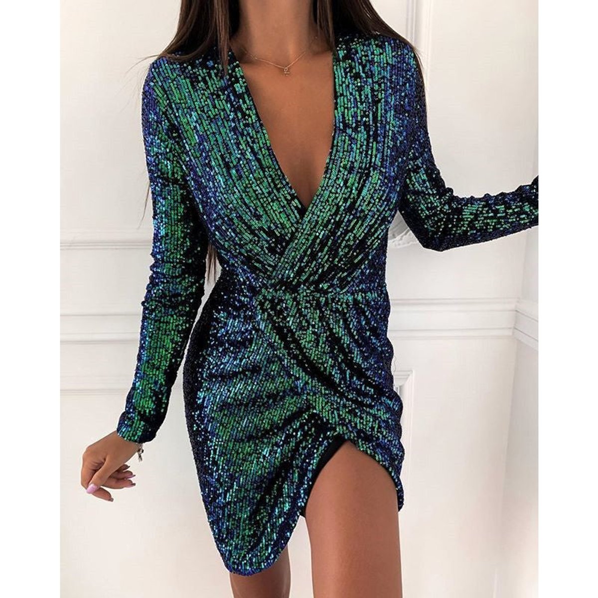 Women's Sequin Wrap Mini Dress Long Sleeve V-Neck