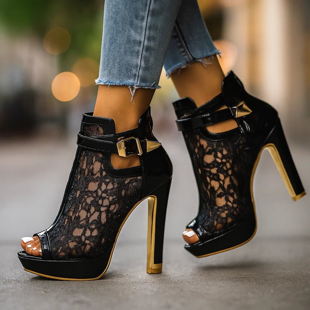Peep-Toe Stiletto Ankle Boot – Lace Floral & Ankle Strap