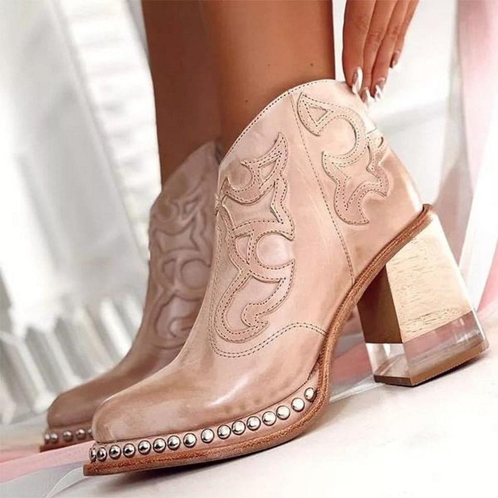 Women's Western Ankle Boots Block Heel Embroidered