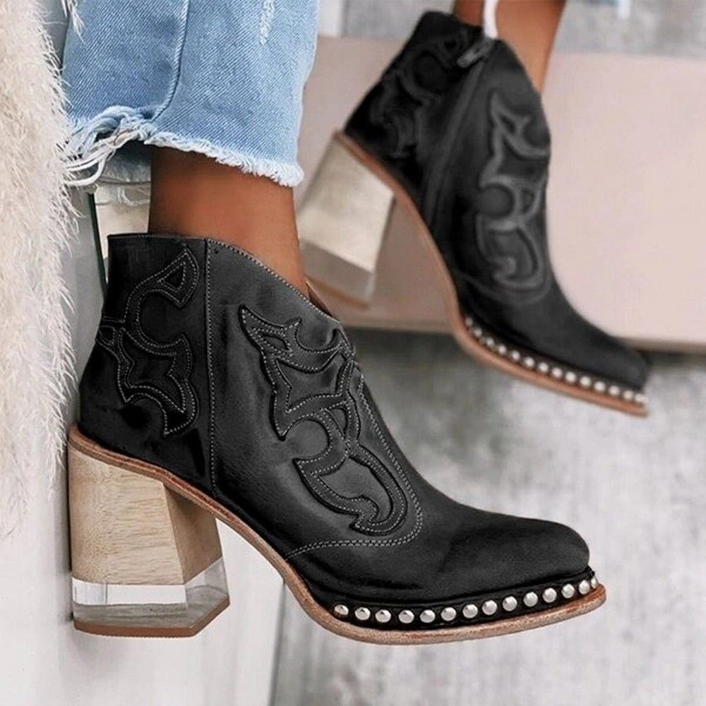 Women's Western Ankle Boots Block Heel Embroidered
